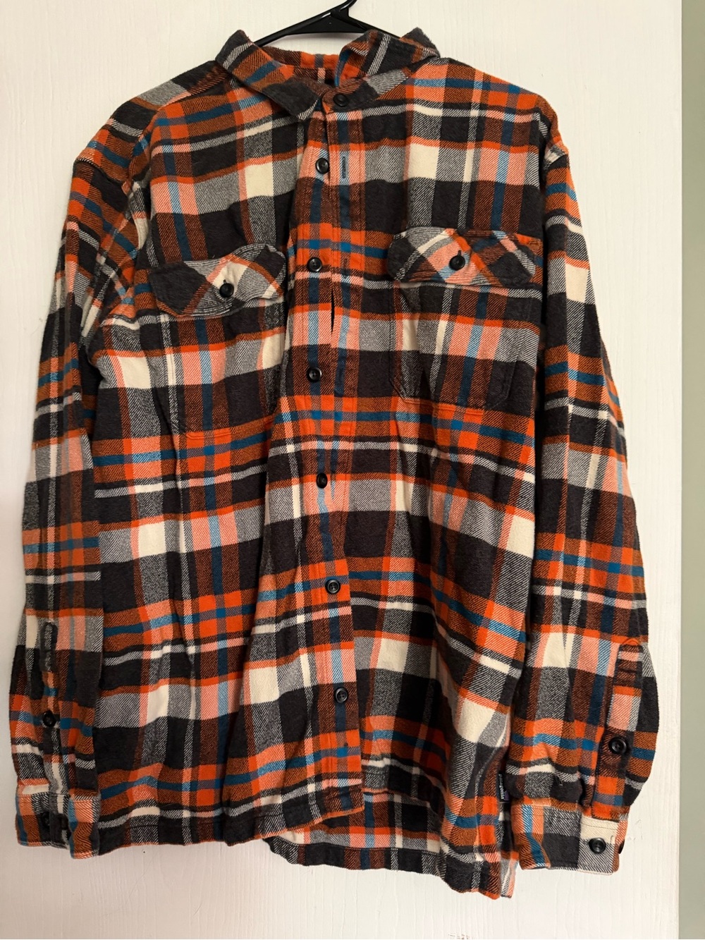 Patagonia Plaid Flannel Shirt Jacket - Orange, Teal & Brown - Picture 2 of 3
